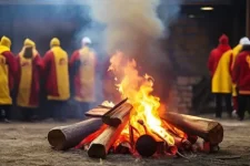 Default_Football_fans_in_yellow_and_red_scarves_throw_wood_on_1.webp